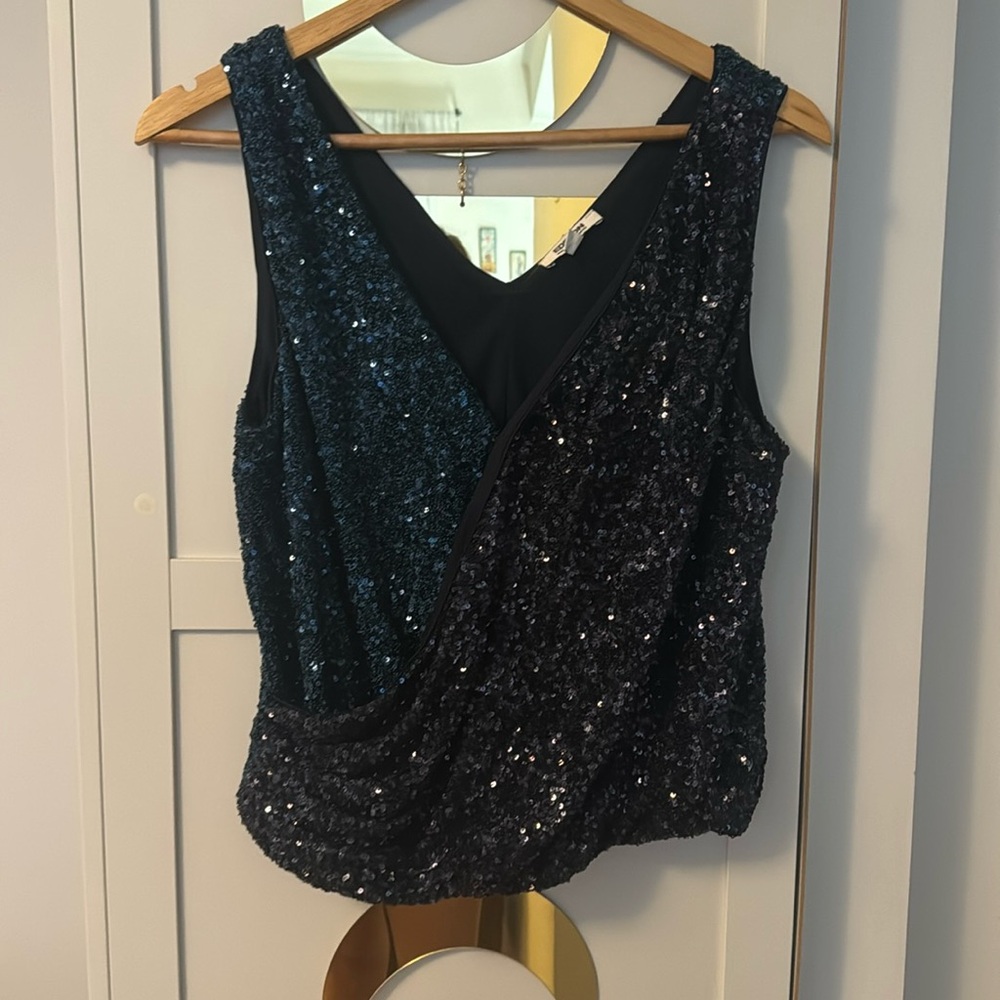 Express sequin faux wrap top- green/black- size M